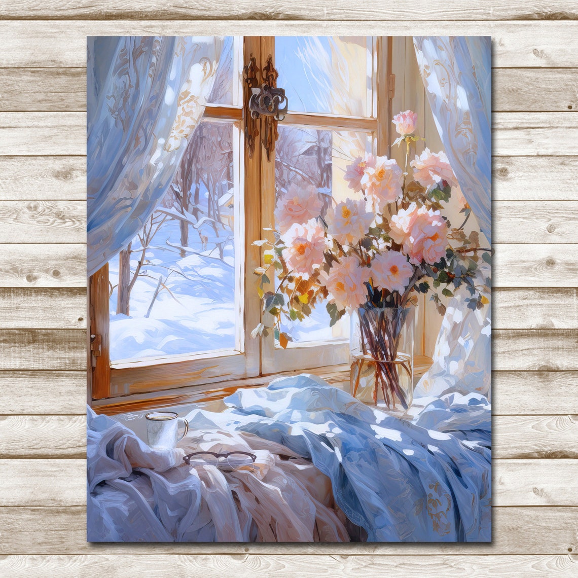 Snowy Winter Window Bouquet Cozy Still Life Watercolor Art Poster - Image 4