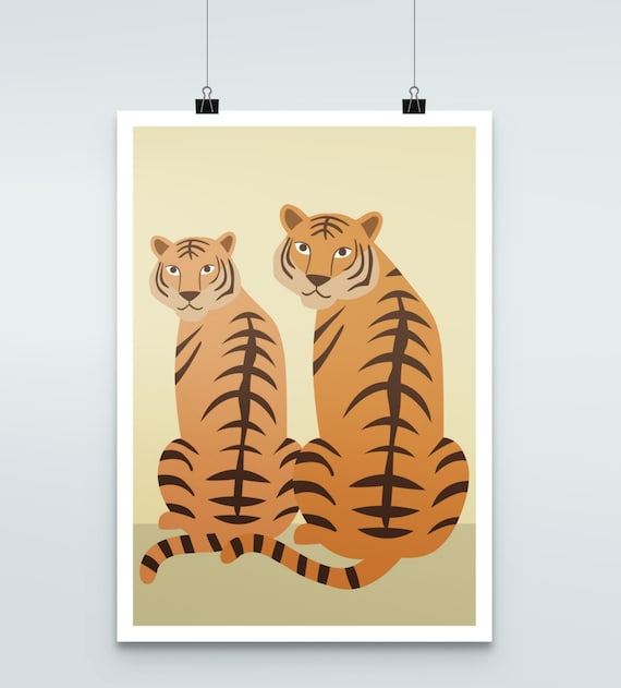 Two Tigers Nursery Poster Cute Modern Jungle Animal Wall Decor
