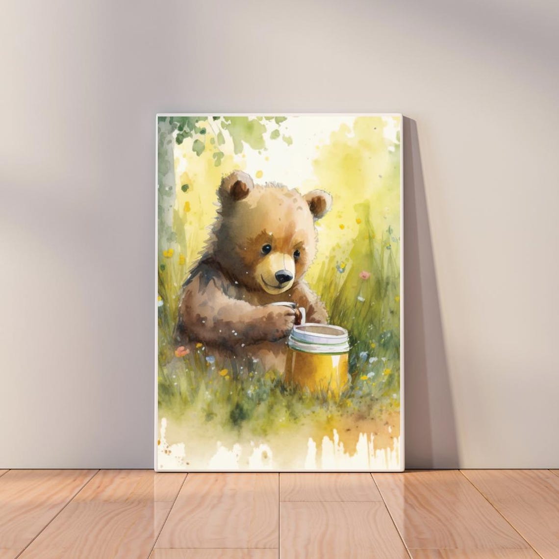 Baby Brown Bear Cub With Honey Pot Sunny Meadow Watercolor Poster
