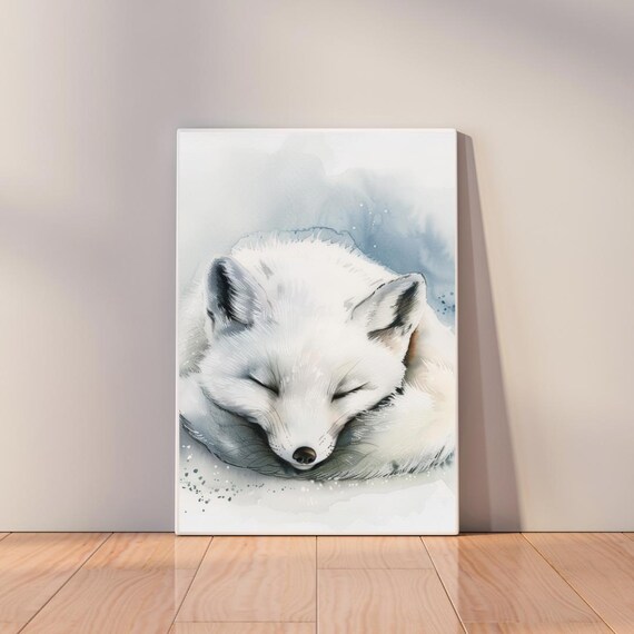 Sleeping White Arctic Fox Curled In Snow Soft Watercolor Nursery Poster