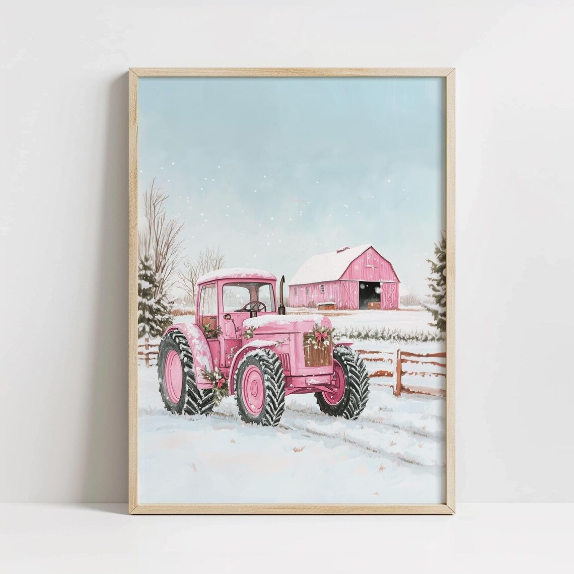 Pink Christmas Tractor Snowy Farmhouse Winter Holiday Poster