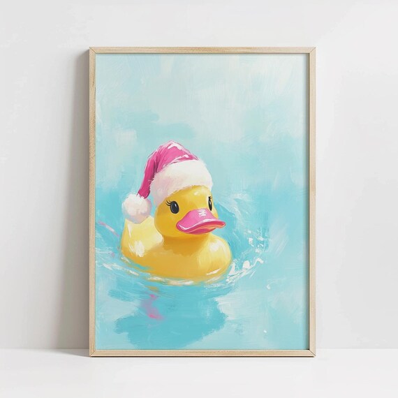 Rubber Duck in Pink Santa Hat Pool Christmas Funny Art Poster