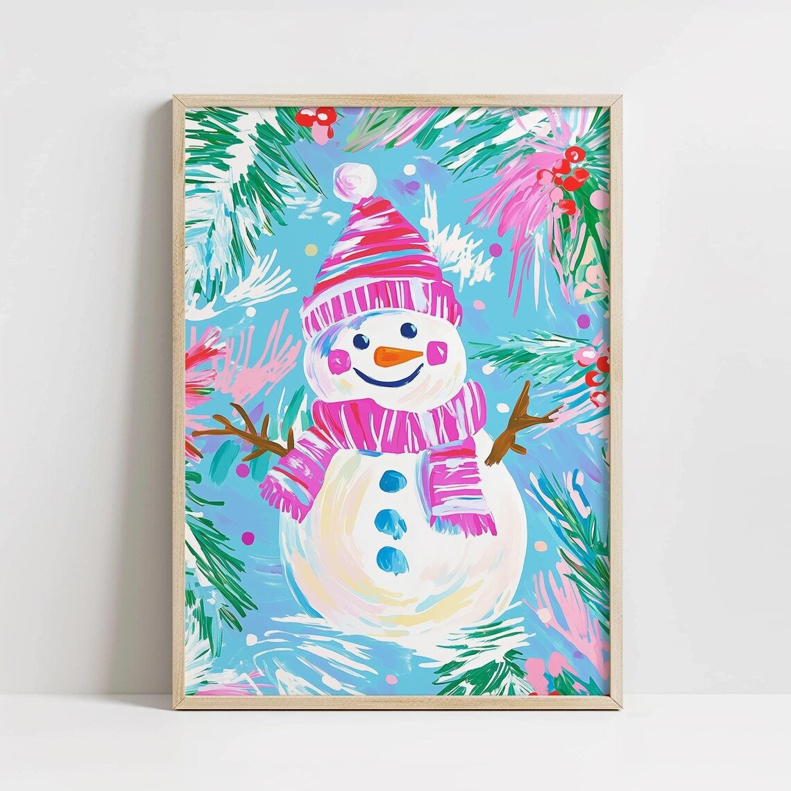 Abstract Pastel Snowman With Pink Hat and Scarf Holiday Poster