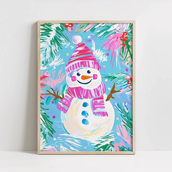 Abstract Pastel Snowman With Pink Hat and Scarf Holiday Poster