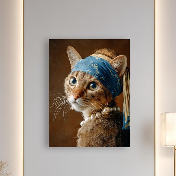 Cat With A Pearl Earring Vermeer Parody Renaissance Style Cat Poster