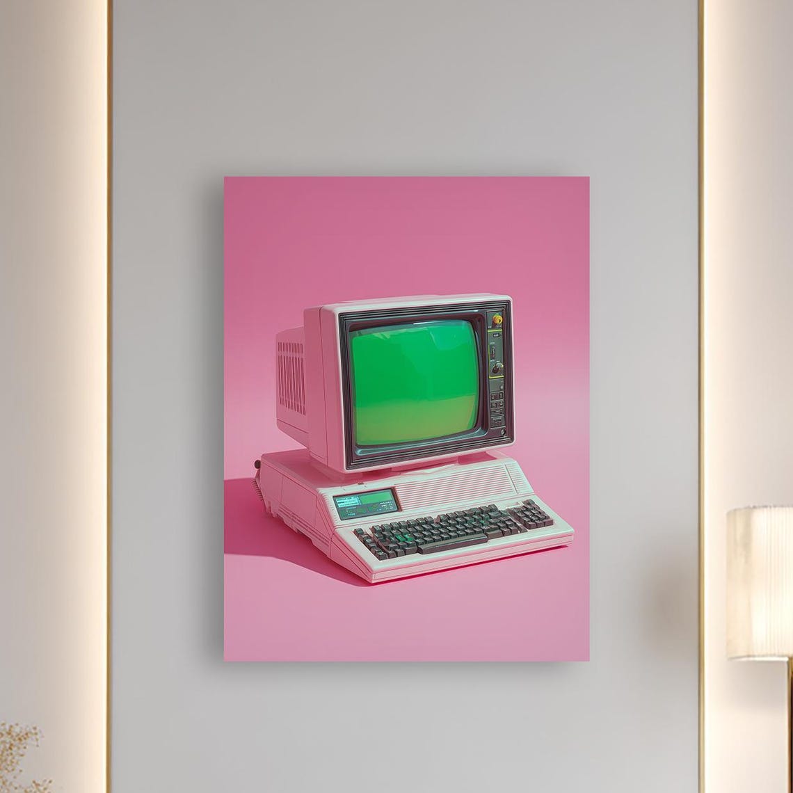 Pink Retro Computer with Green Screen 1980s Tech Nostalgia Poster