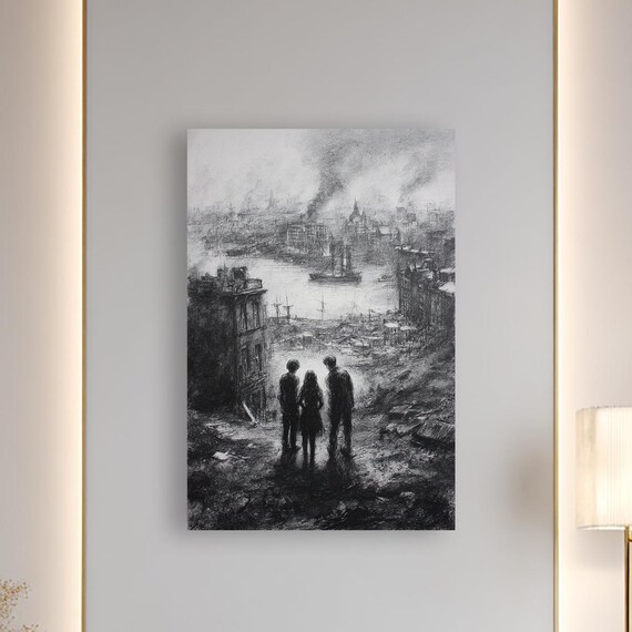 Wartorn Harbor Dramatic Charcoal Cityscape Canvas Postapocalyptic Wall Art