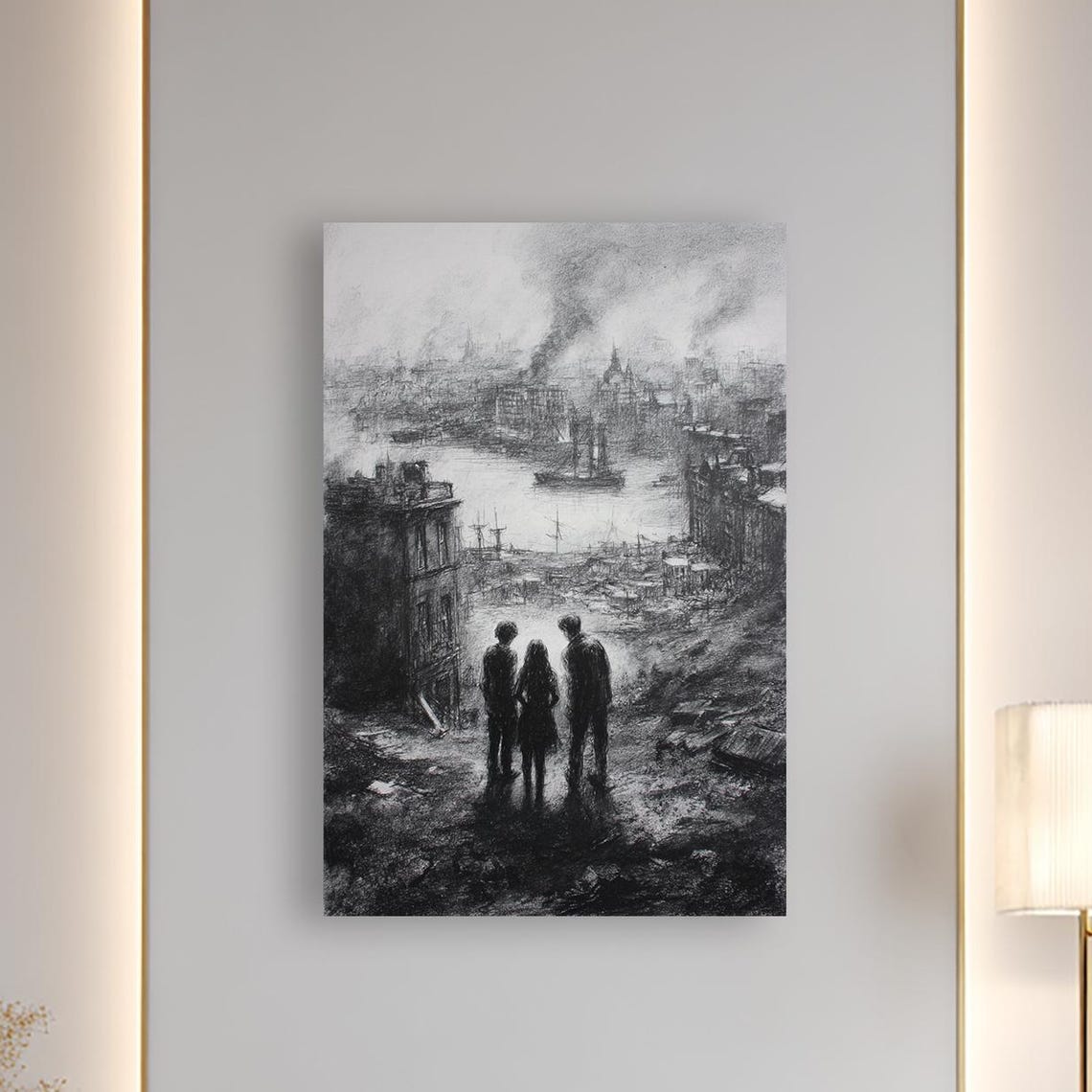 Wartorn Harbor Charcoal Cityscape Postapocalyptic Art Poster