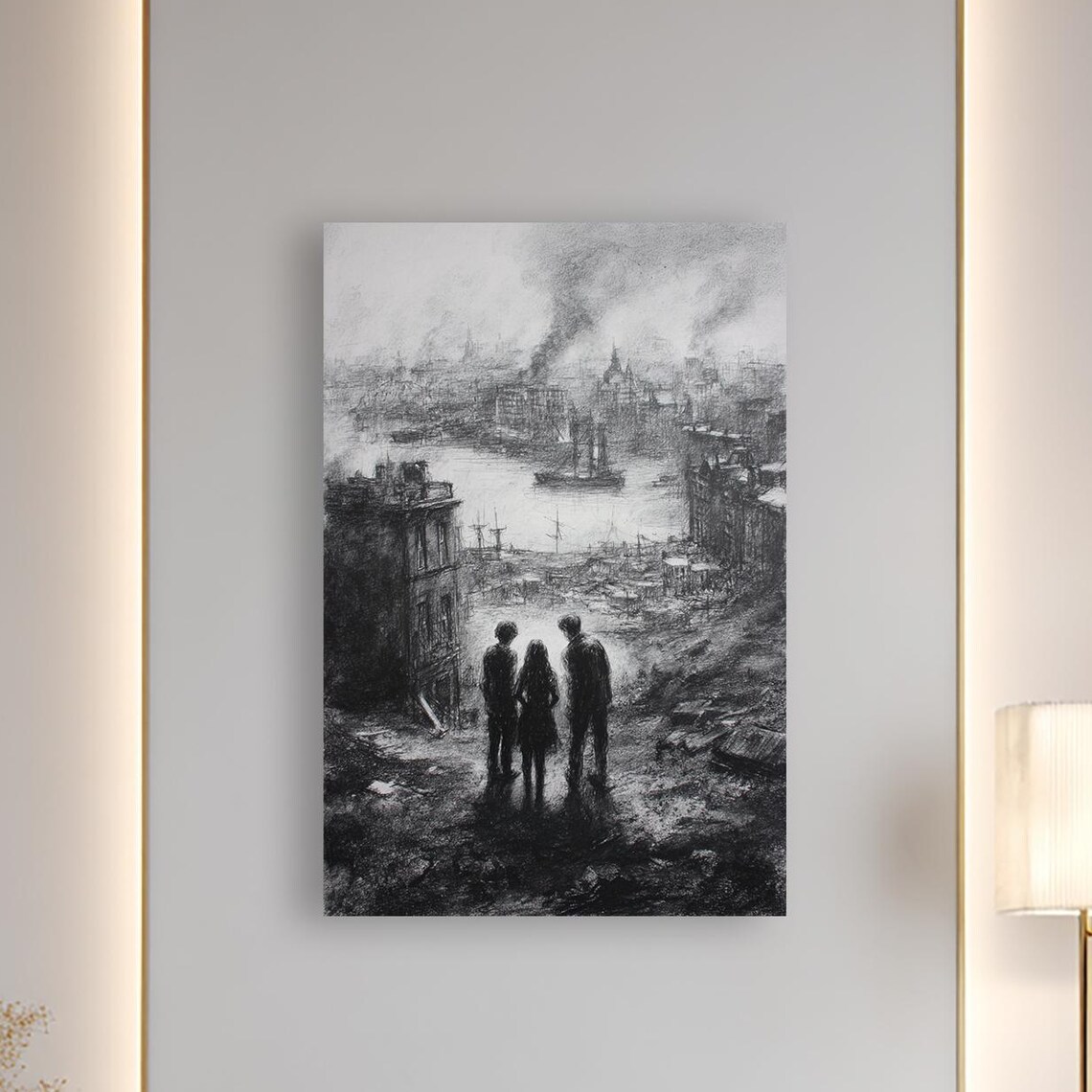 Wartorn Harbor Dramatic Charcoal Cityscape Canvas Postapocalyptic Wall Art