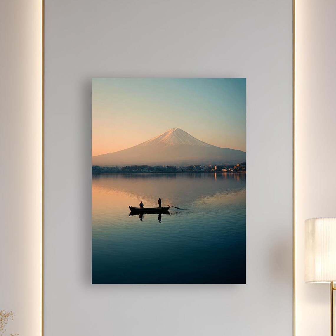 Mount Fuji Sunrise Over Still Lake Rowboat Serene Japan Poster