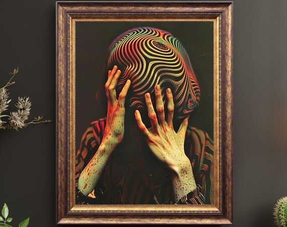 Psychedelic Rainbow Swirl Hands Over Face Optical Art Poster