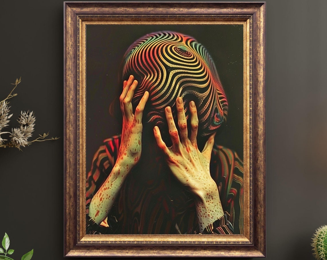 Psychedelic Rainbow Swirl Hands Over Face Optical Art Poster