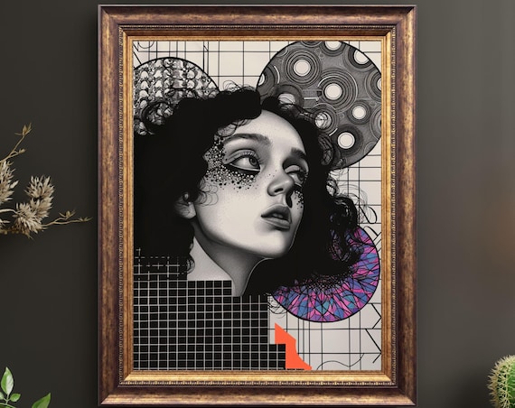 Black And White Woman Portrait Geometric Grid Pattern Modern Art Poster