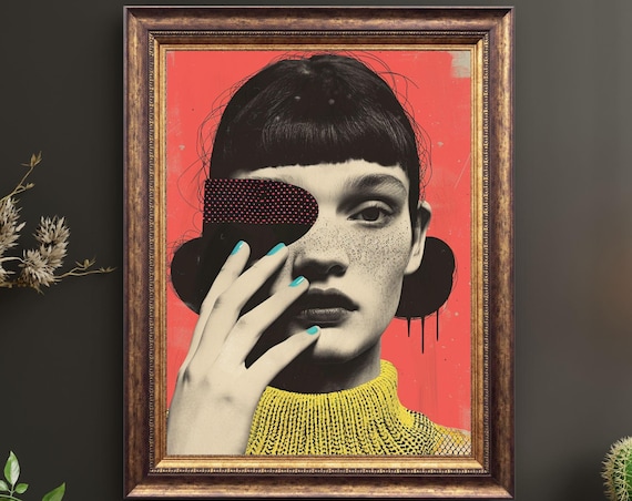 Pop Art Collage Portrait of Woman with Half Mask on Red Poster