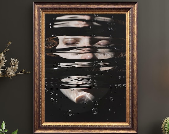 Woman Face Reflected in Dark Rippling Water Photo Art Poster