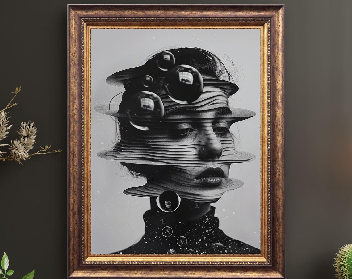 Distorted Face Black And White Surreal Bubble Layers Art Portrait Poster