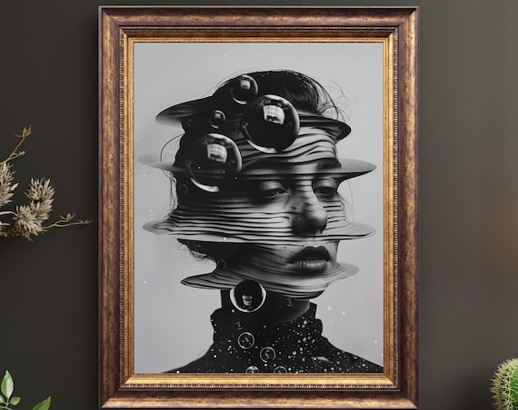 Distorted Face Black And White Surreal Bubble Layers Art Portrait Poster