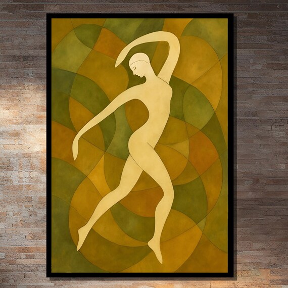 Abstract Dancing Figure in Geometric Green Tones Painting Poster