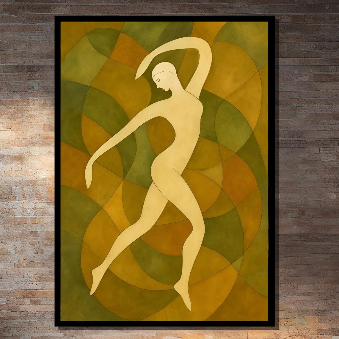 Abstract Dancing Figure In Geometric Green Tones Framed Or Unframed Art Print For Stylish Office Wall Decor