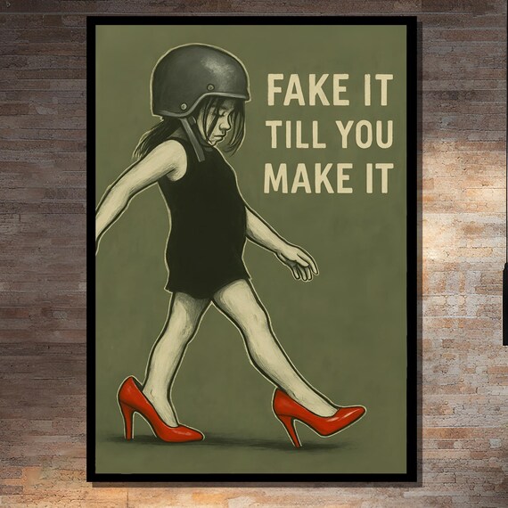 Fake It Till You Make It Motivational Quote Poster Girl in Red Heels