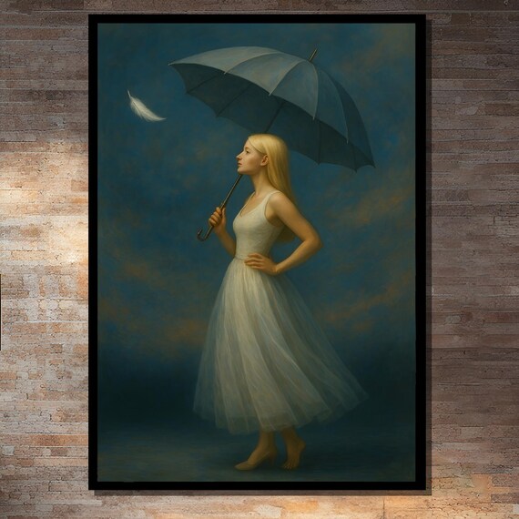 Dreamy Girl Holding Umbrella, Romantic Bedroom Art Print