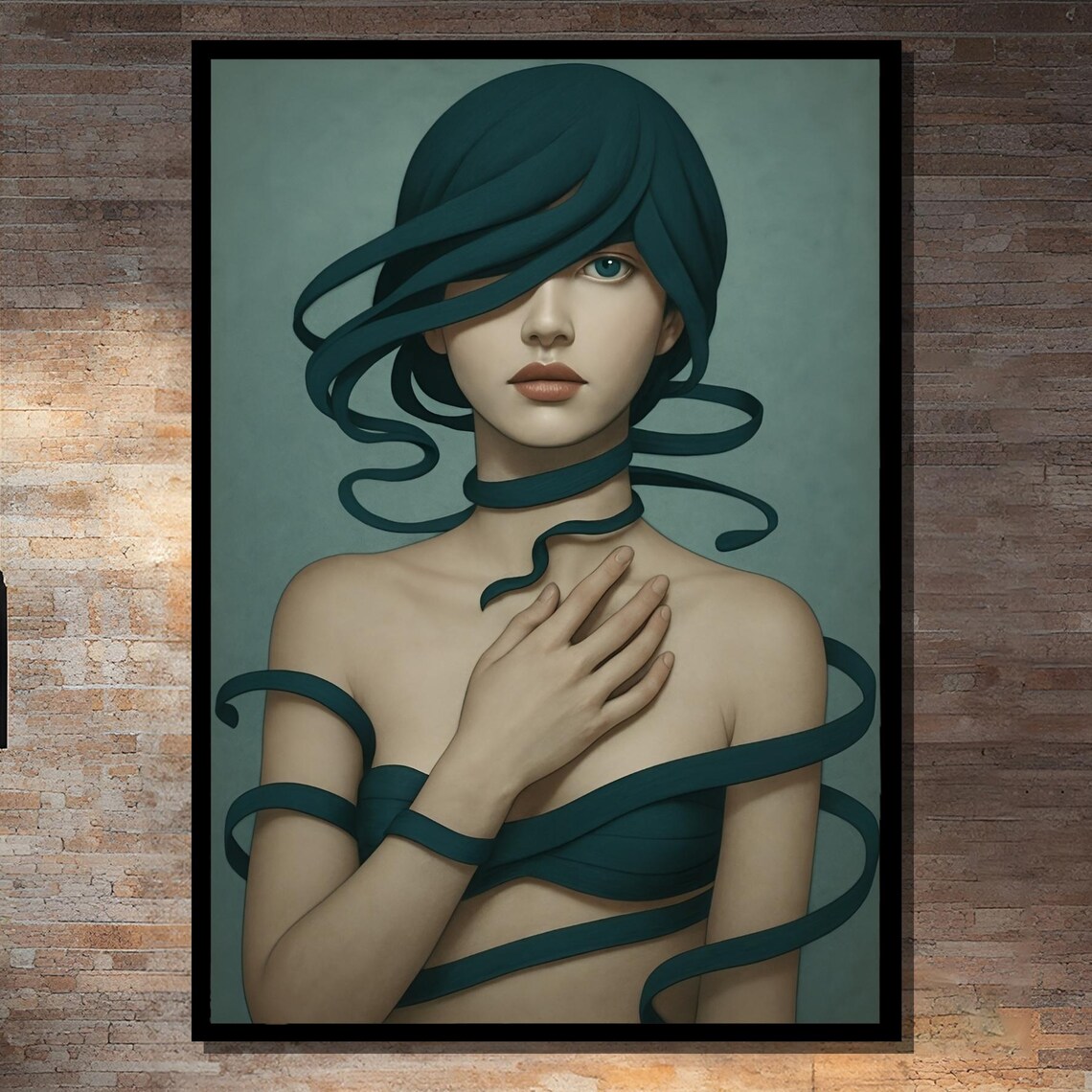 Mysterious Woman Wrapped in Teal Ribbons Surreal Portrait Poster