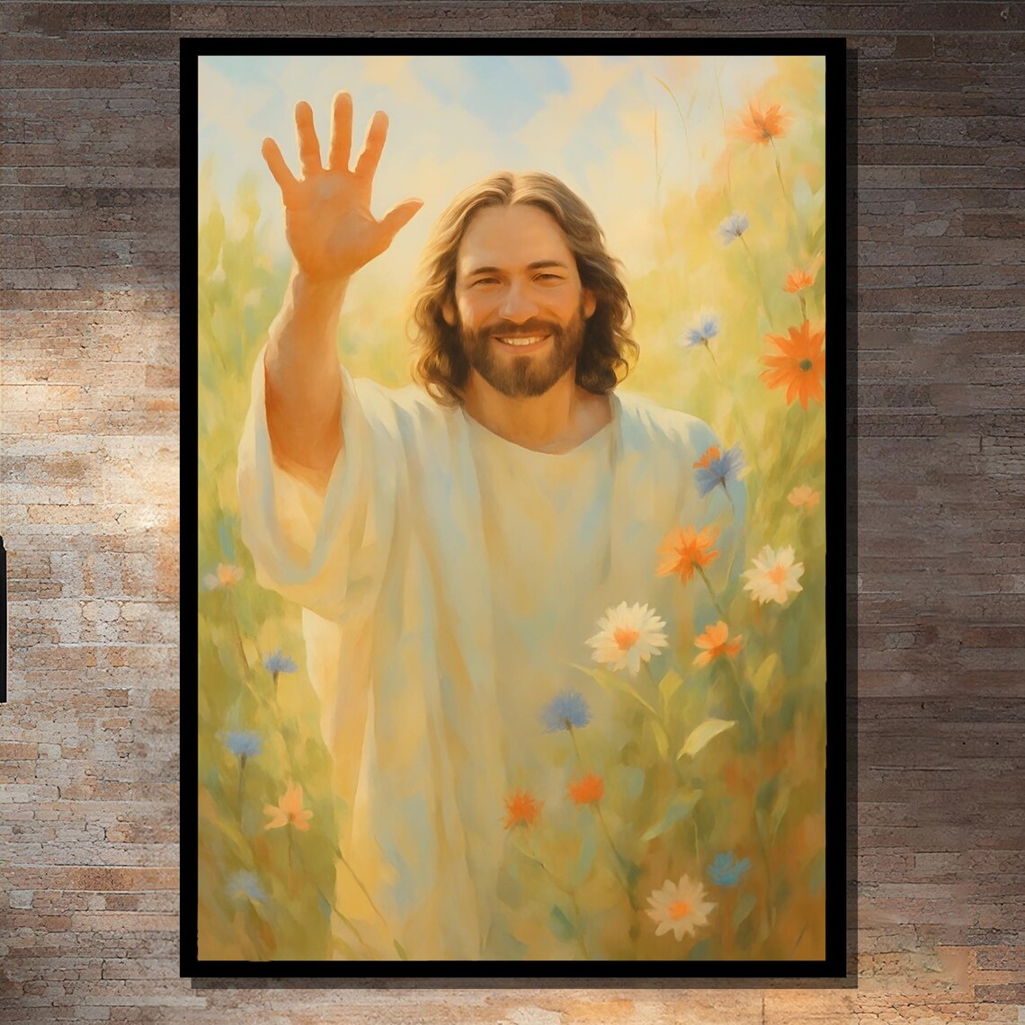 Peaceful Jesus in Floral Field, Christian Decor