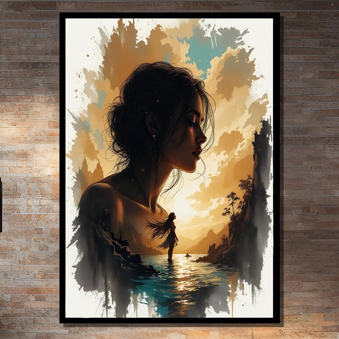 Double Exposure Woman with Sunset Seascape Silhouette Art Poster