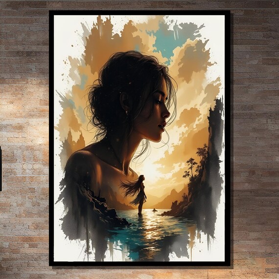 Double Exposure Woman with Sunset Seascape Silhouette Art Poster