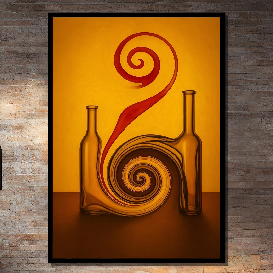 Surreal Spiral Between Bottles On Orange Background Framed Or Unframed Art Print For Bold Modern Living Room Decor