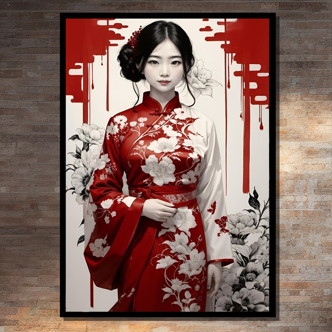 Elegant Japanese Woman in Red Kimono, Modern Decor