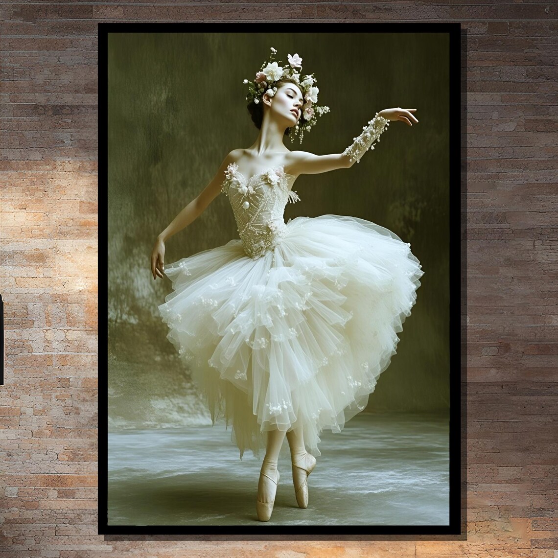 Ballerina in White Tulle Dress with Floral Crown Dance Art Poster