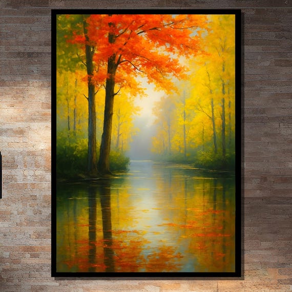 Golden Autumn Forest With Reflections On Water Framed Or Unframed Art Print For Cozy Living Room Wall Decor
