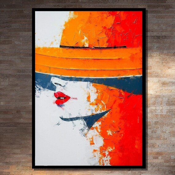 Bold Abstract Woman Orange Hat Red Lips Portrait Painting Poster