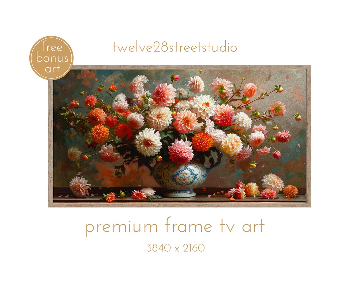 Vintage Dahlias Still Life, Cottage Core Art Print