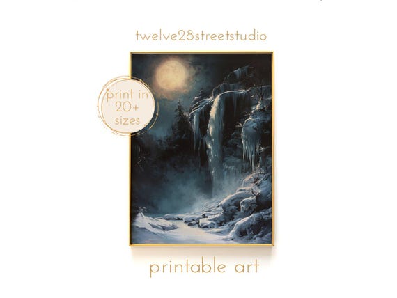 Moonlit Night Frozen Waterfall Instant Downloand Artwork Print In 20 Sizes Wall Art Vintage Wall Art Moody Wall Art