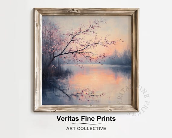 Cherry Blossom Twilight Lake Art Romantic Spring Landscape Painting Moody Nature Scene Soft Pastel