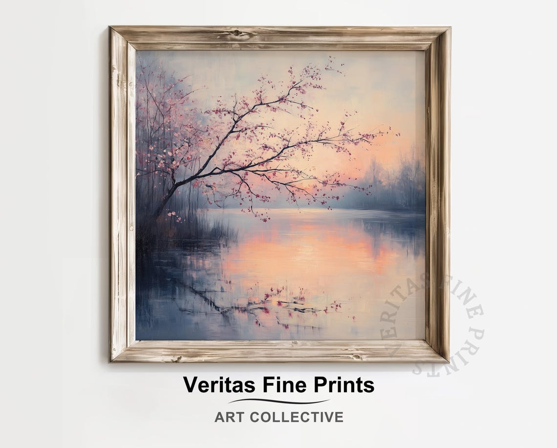 Cherry Blossom Twilight Lake Art Romantic Spring Landscape Painting Moody Nature Scene Soft Pastel