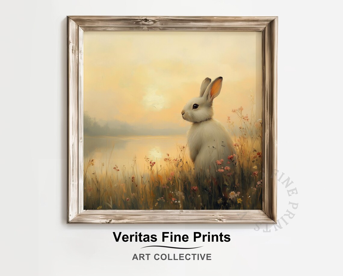 Golden Hour Rabbit in Wildflowers by Tranquil Lake at Sunset Poster