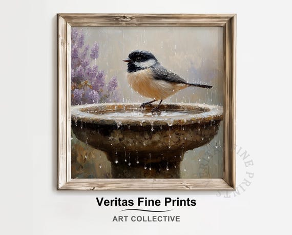 Rainy Day Chickadee On Stone Birdbath Vintage Cottagecore Bird Painting Moody Spring Wildlife Wall Art Cozy Earthy Print