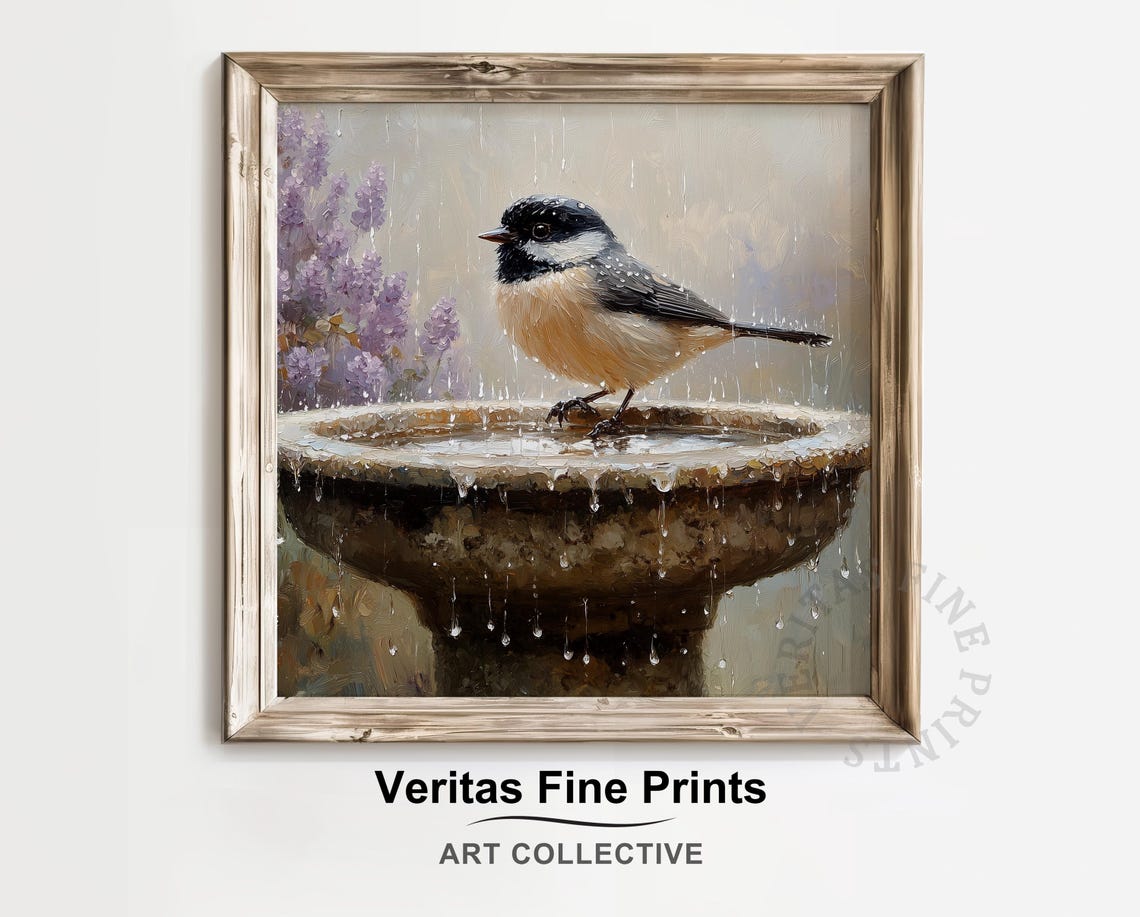 Rainy Day Chickadee On Stone Birdbath Vintage Cottagecore Bird Painting Moody Spring Wildlife Wall Art Cozy Earthy Print