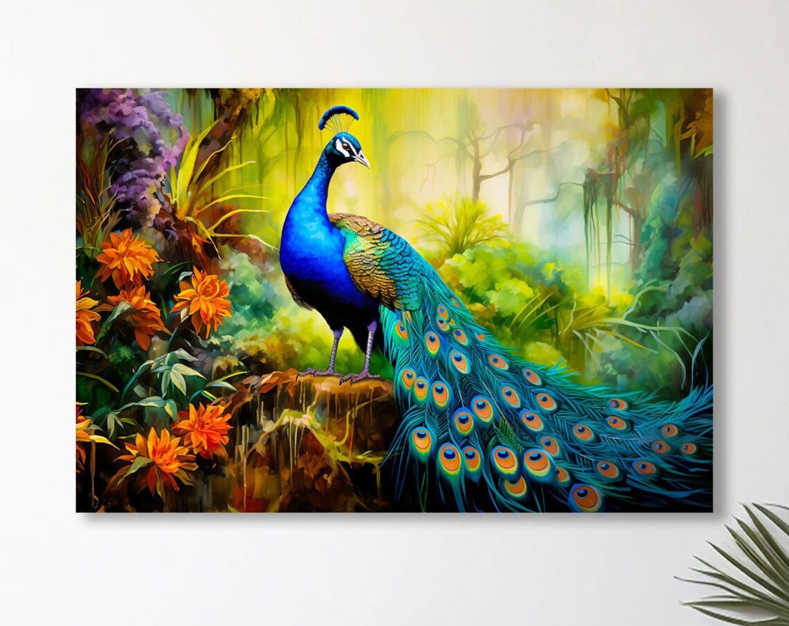 Majestic Blue Peacock in Tropical Jungle Painting Colorful Bird Poster