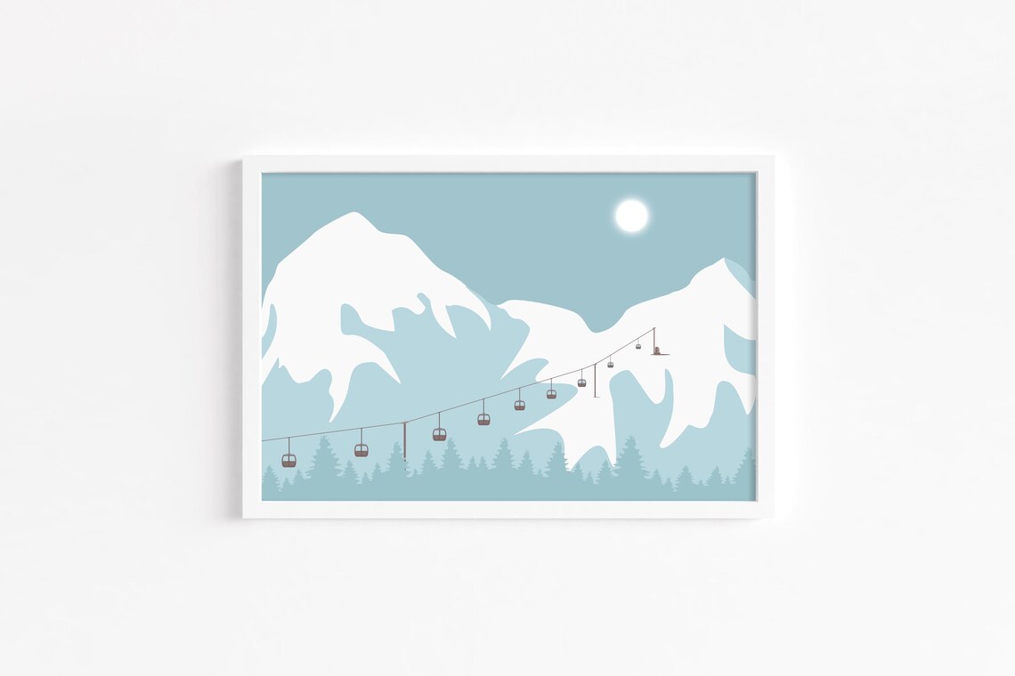 Ski Gondola Mountain Minimalist Art Print Winter Snowy Peaks Wall Decor