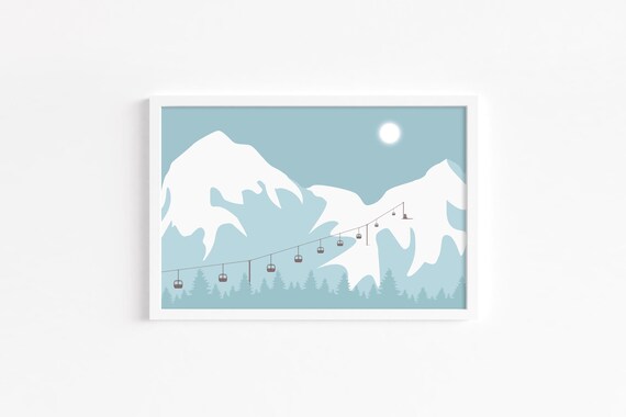 Ski Gondola Mountain Minimalist Art Print Winter Snowy Peaks Wall Decor