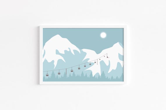 Ski Mountain Gondola Print Light Blue Wall Art Resort Poster Above Couch Masculine