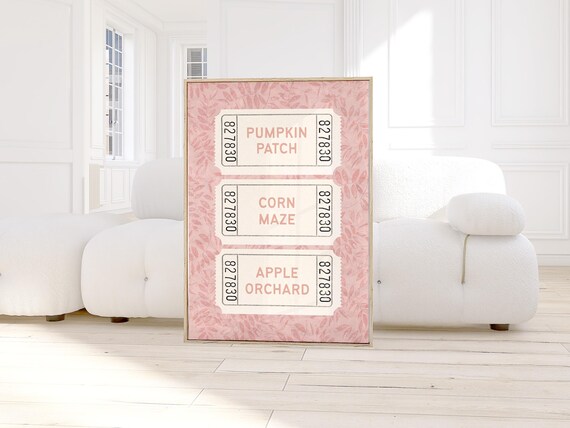 Fall Ticket Print Trendy Wall Art Pink Autumn Poster Minimalist Leaf Modern Farmhouse Decor Cute Seasonal