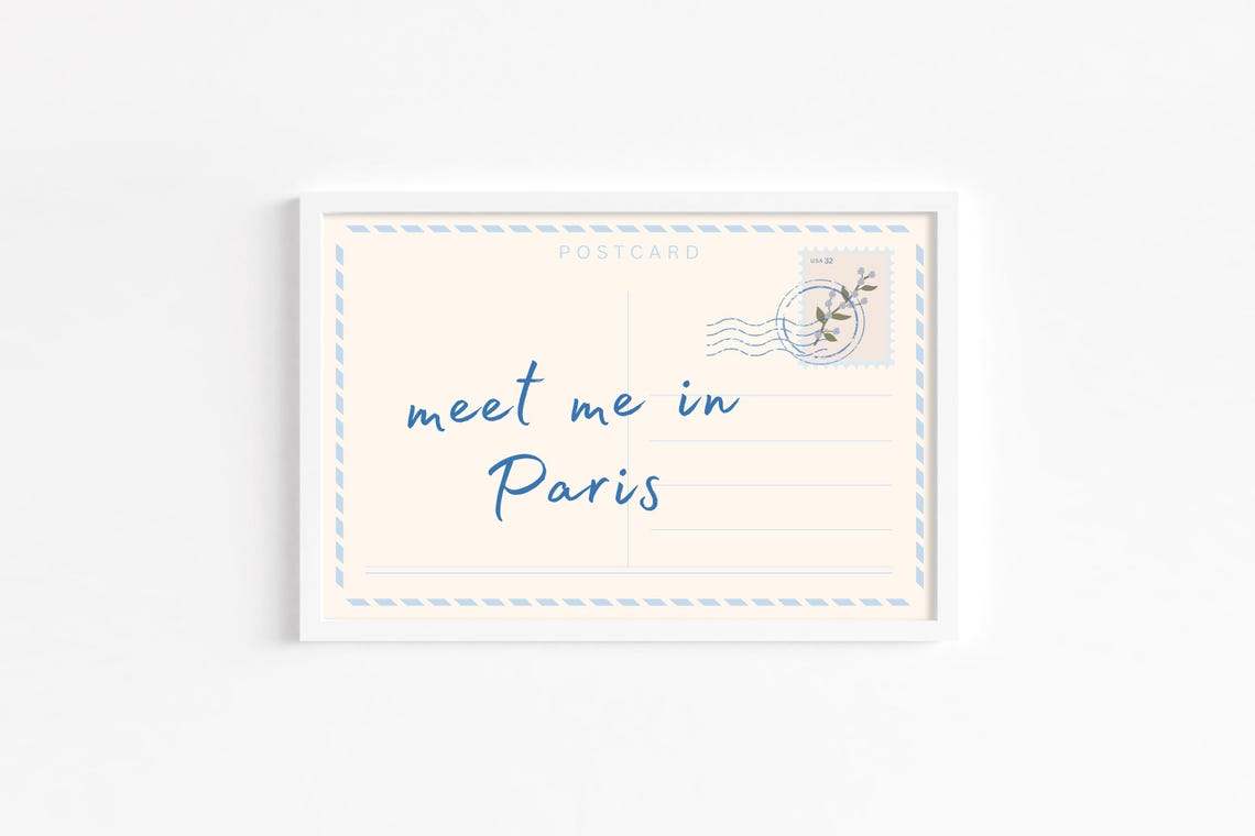 Meet Me in Paris Blue Script Postcard Style Trendy Dorm Room Poster