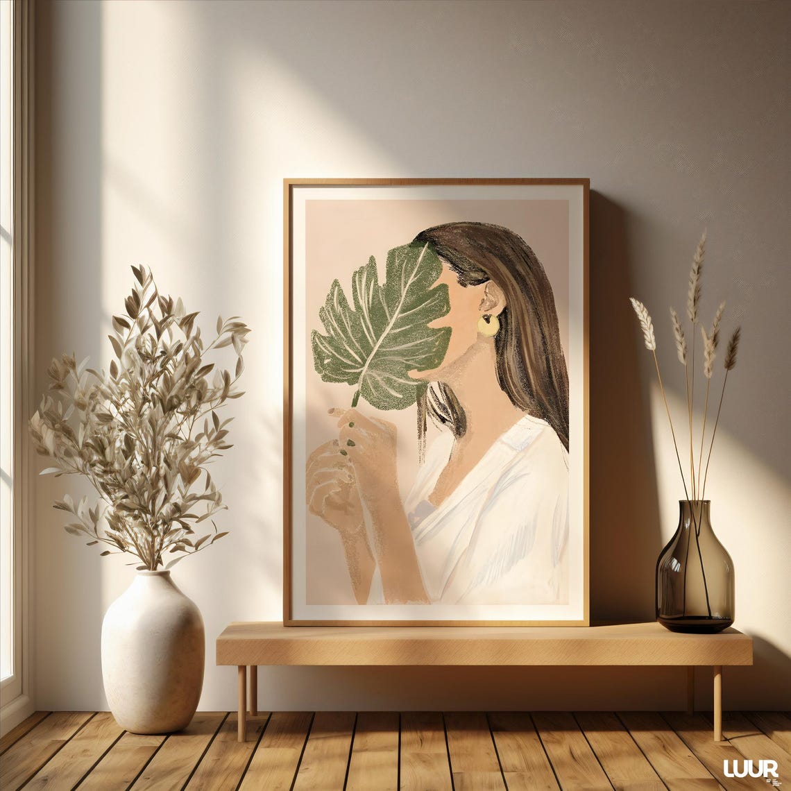 Woman With Monstera Leaf Pastel Boho Botanical Wall Art Decor