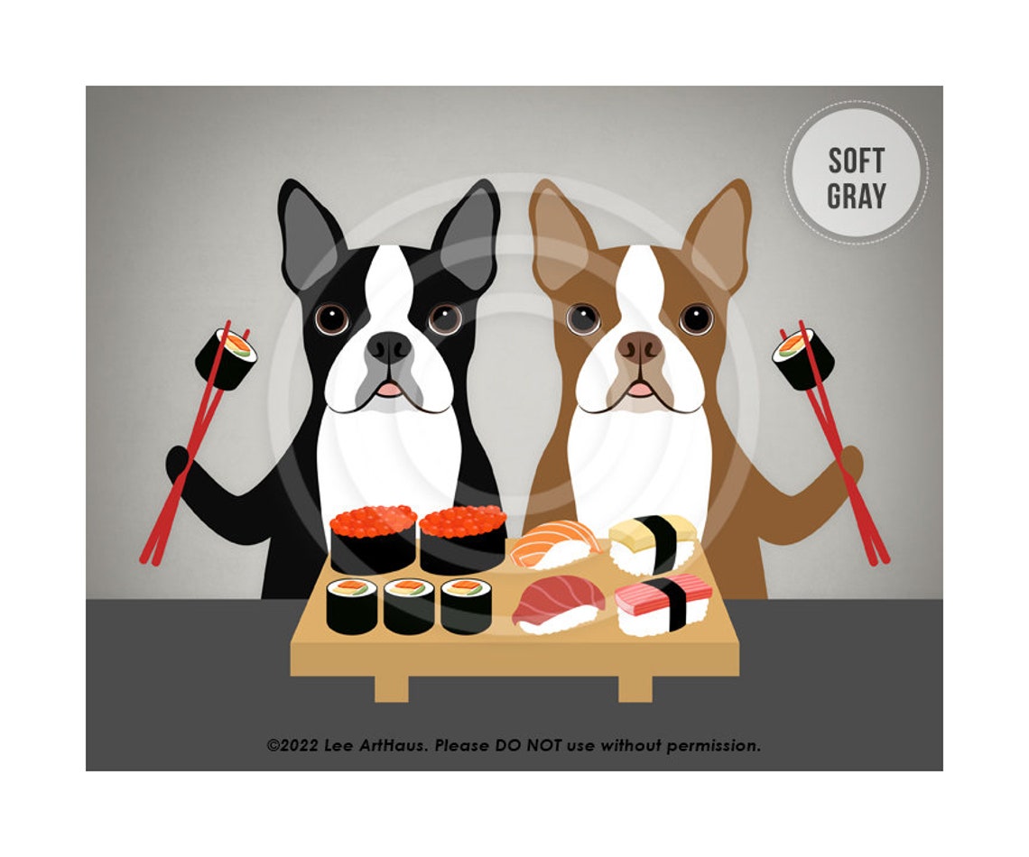 Two Boston Terriers Eating Sushi With Chopsticks Funny Dog Poster