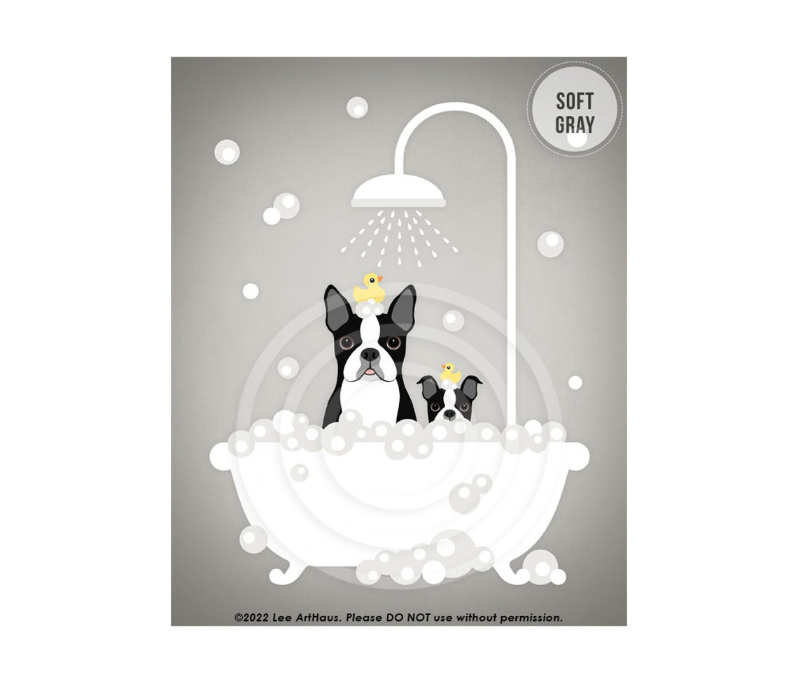 Boston Terrier Dog and Puppy in Bubble Bath Shower Cute Pet Art Poster - Image 3